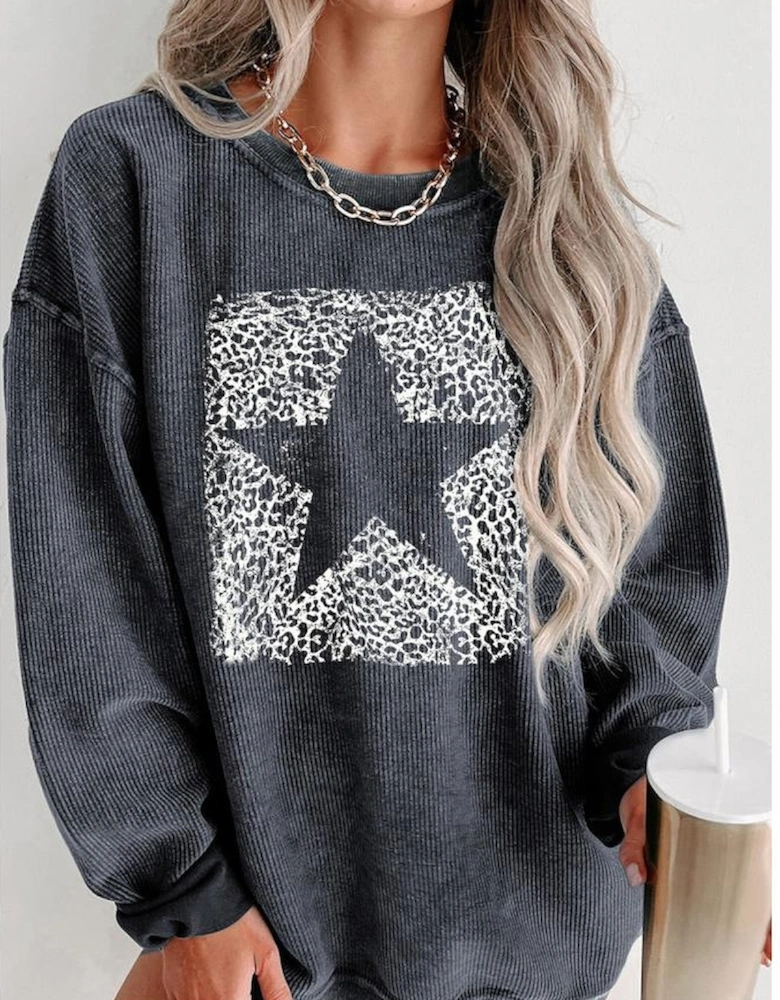 Gray Leopard Star Graphic Corded Sweatshirt