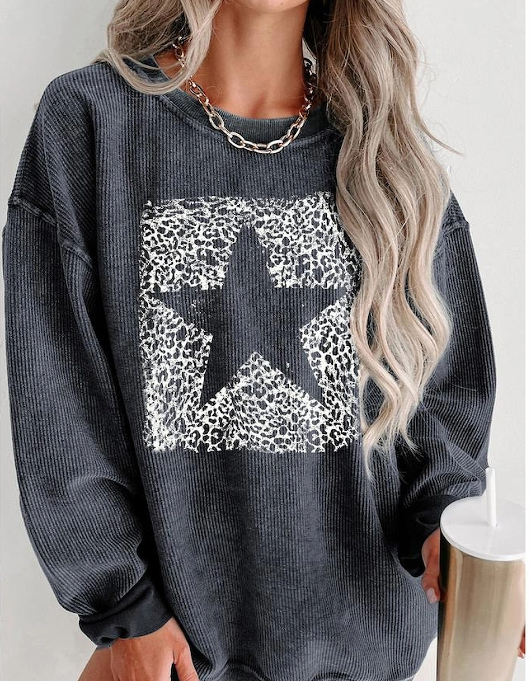 Gray Leopard Star Graphic Corded Sweatshirt
