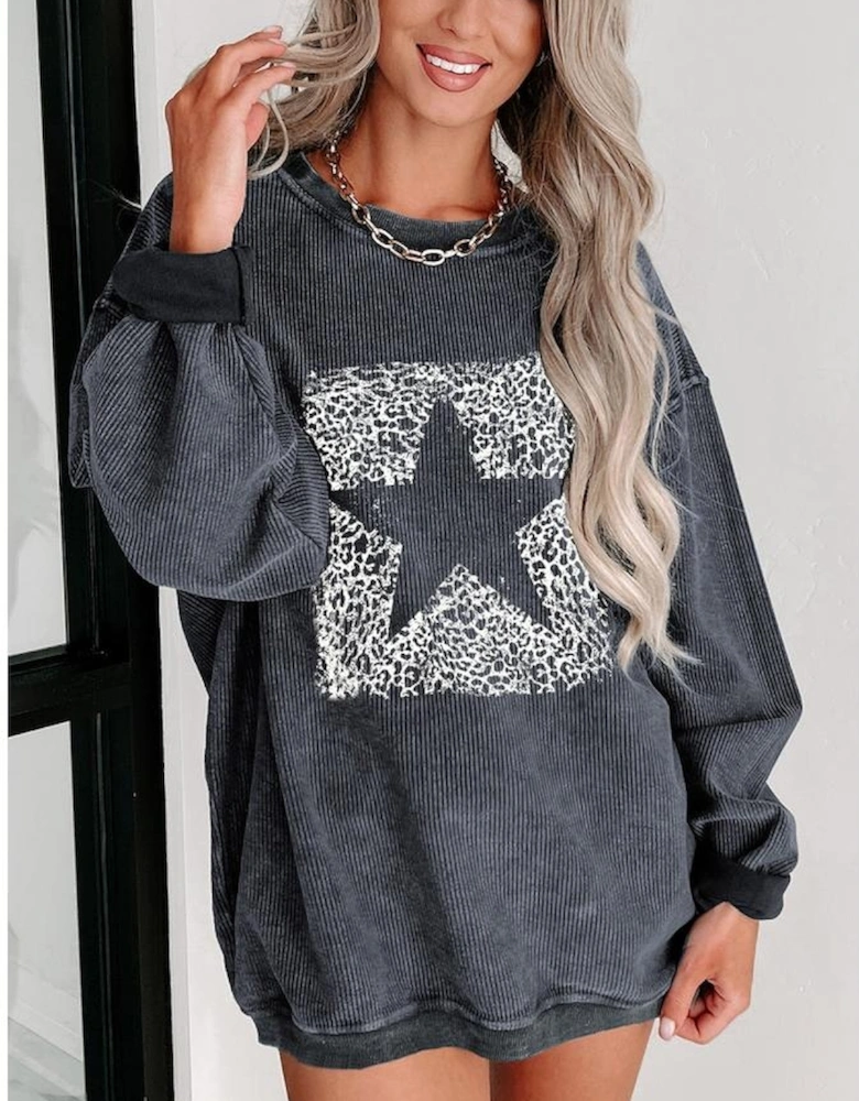 Gray Leopard Star Graphic Corded Sweatshirt