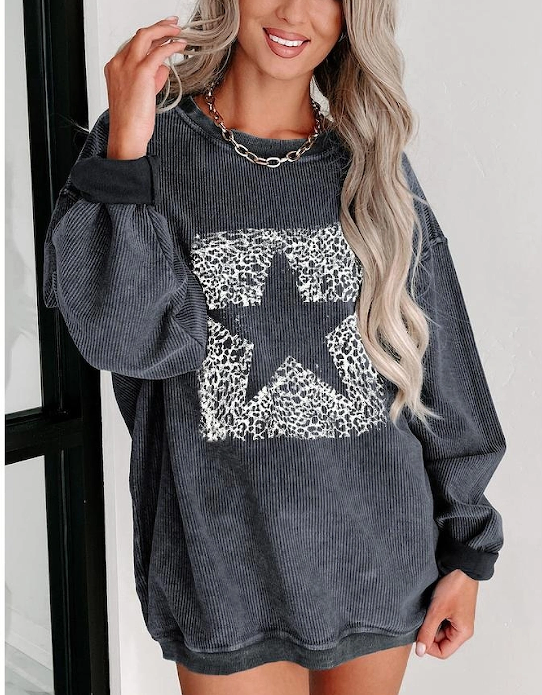 Gray Leopard Star Graphic Corded Sweatshirt