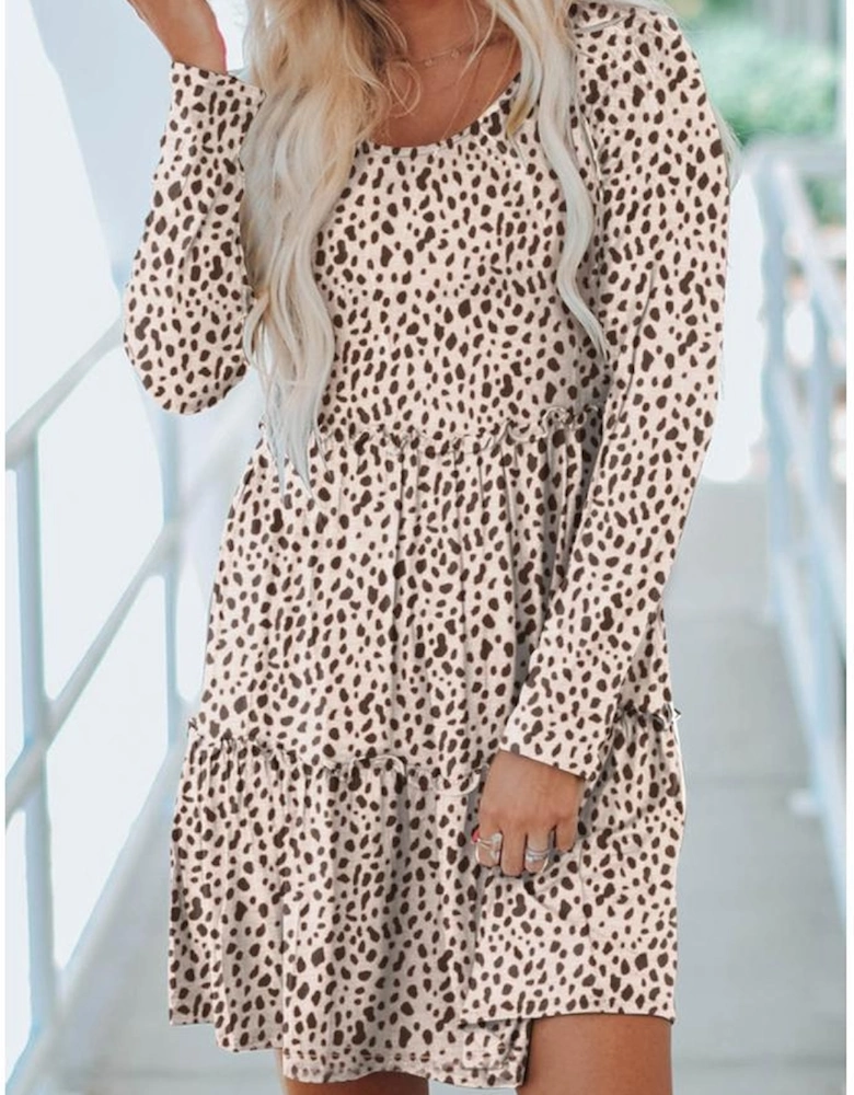 Leopard Animal Print Tiered Long Sleeve Dress