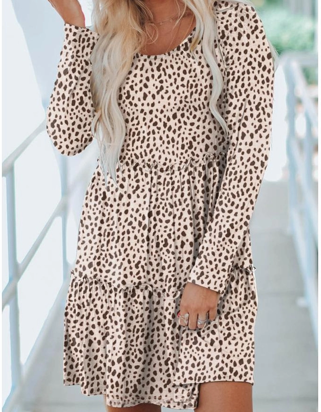 Leopard Animal Print Tiered Long Sleeve Dress