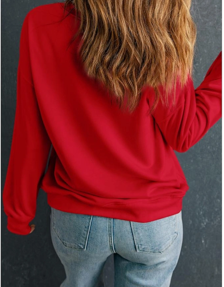 Racing Red Halloween Bow Knot Pumpkin Print Drop Shoulder Plus Sweatshirt