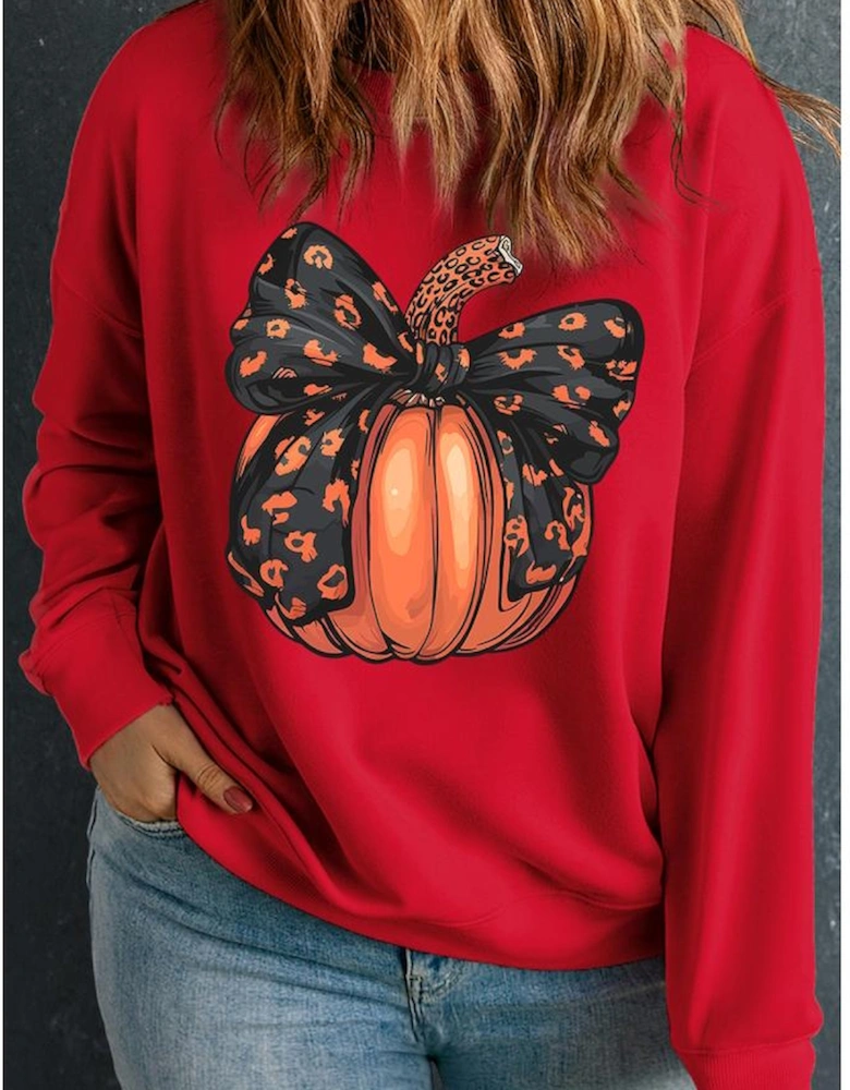 Racing Red Halloween Bow Knot Pumpkin Print Drop Shoulder Plus Sweatshirt
