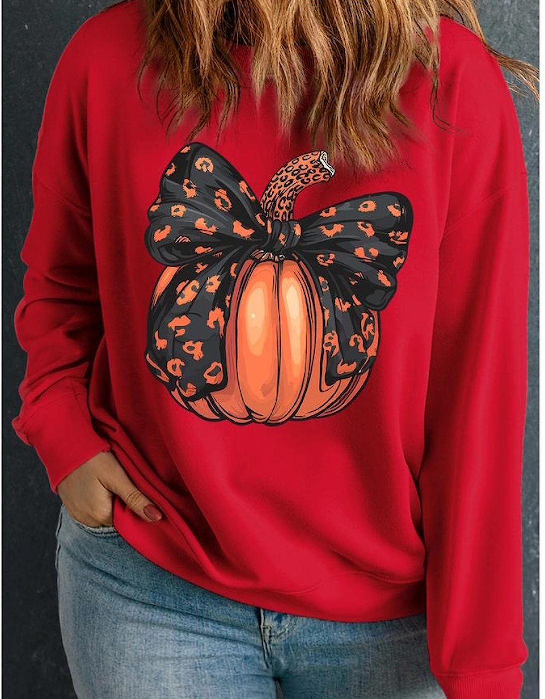 Racing Red Halloween Bow Knot Pumpkin Print Drop Shoulder Plus Sweatshirt, 3 of 2