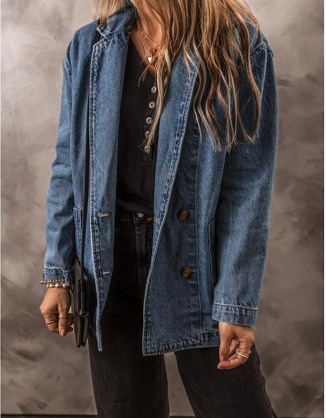 Sail Blue Side Pockets Lapel Collar Denim Jacket