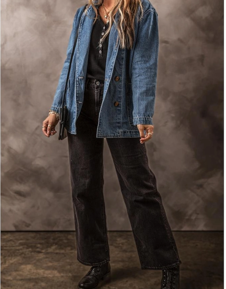 Sail Blue Side Pockets Lapel Collar Denim Jacket