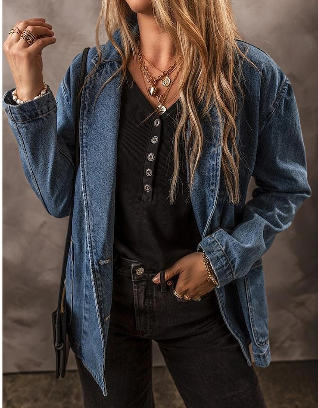 Sail Blue Side Pockets Lapel Collar Denim Jacket