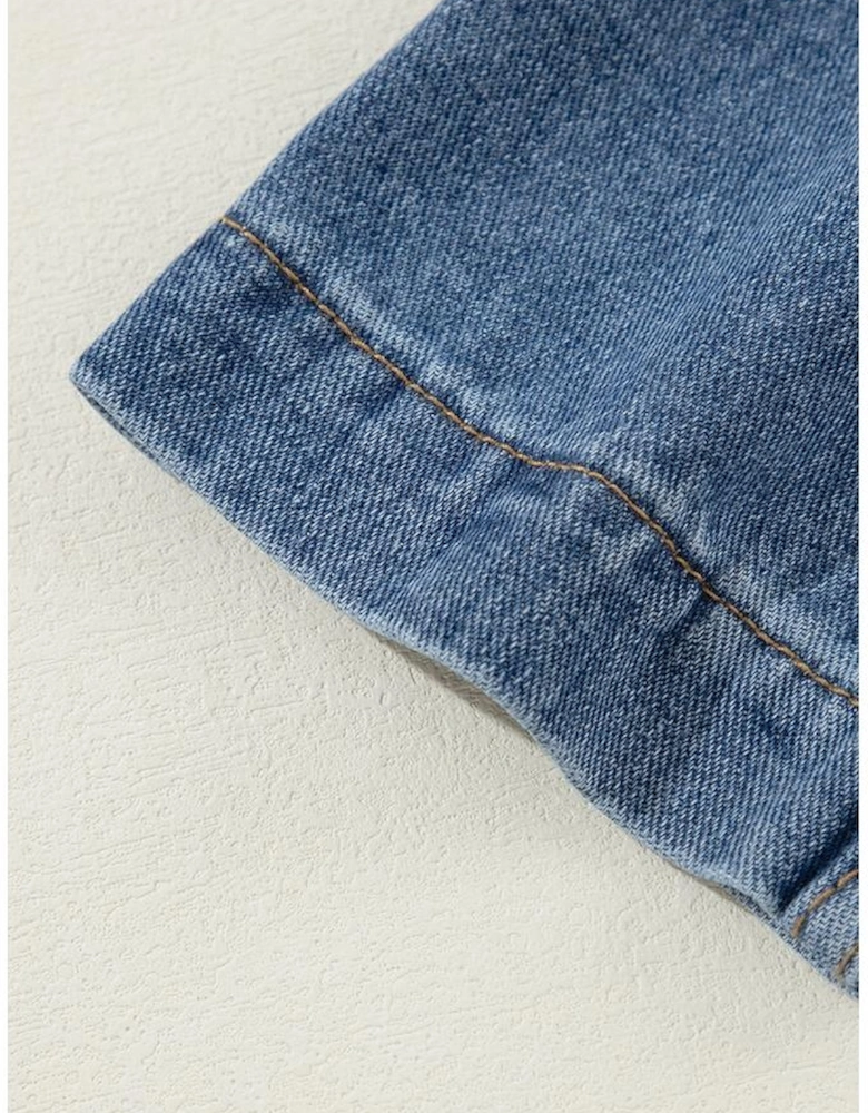 Sail Blue Side Pockets Lapel Collar Denim Jacket