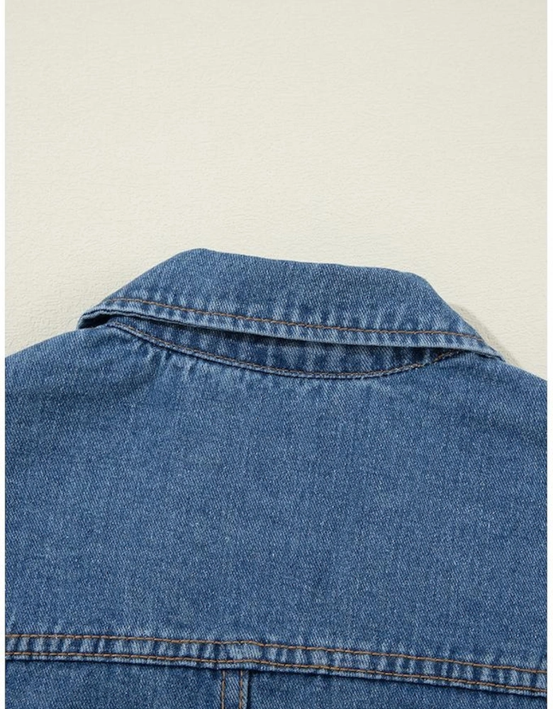Sail Blue Side Pockets Lapel Collar Denim Jacket
