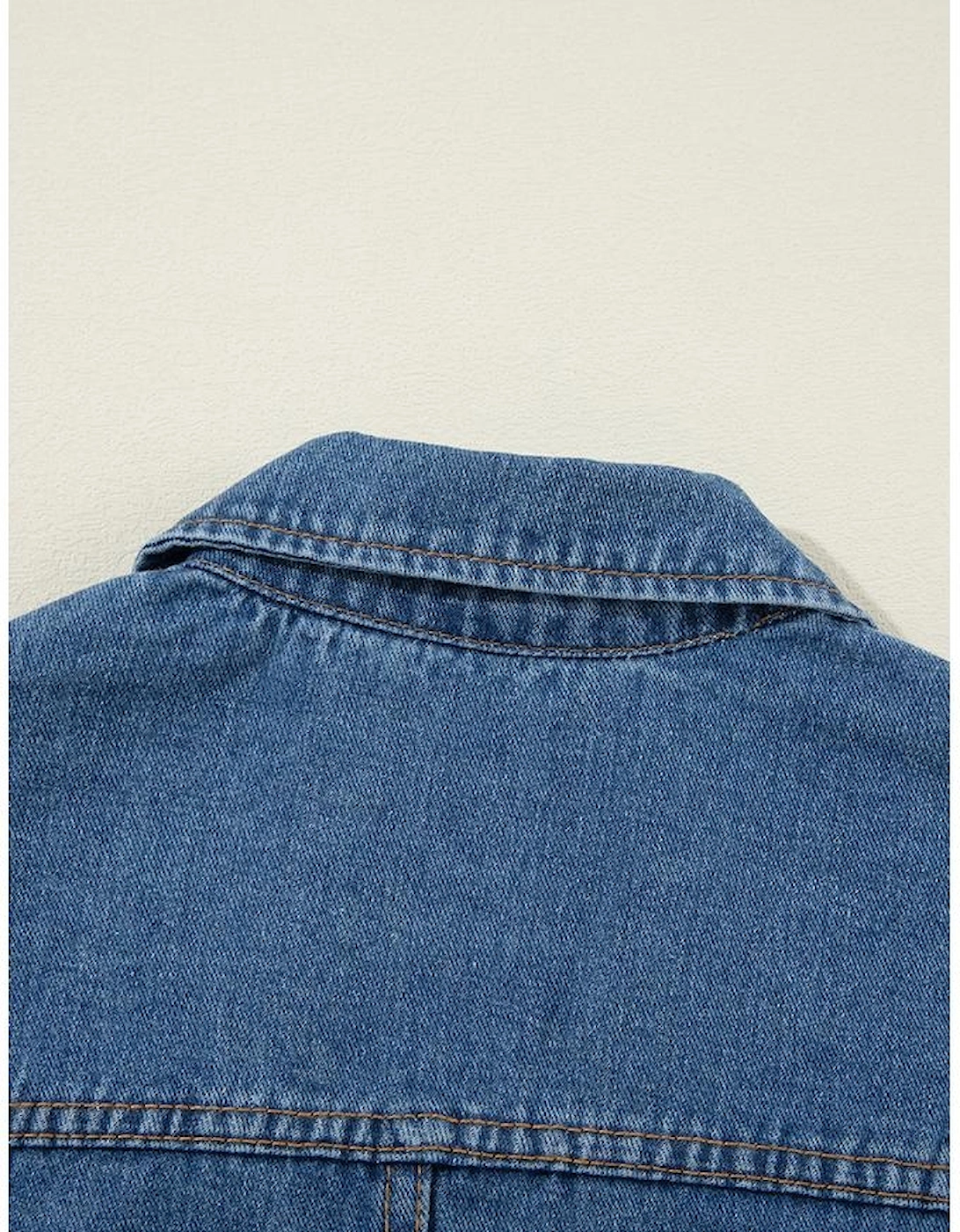 Sail Blue Side Pockets Lapel Collar Denim Jacket