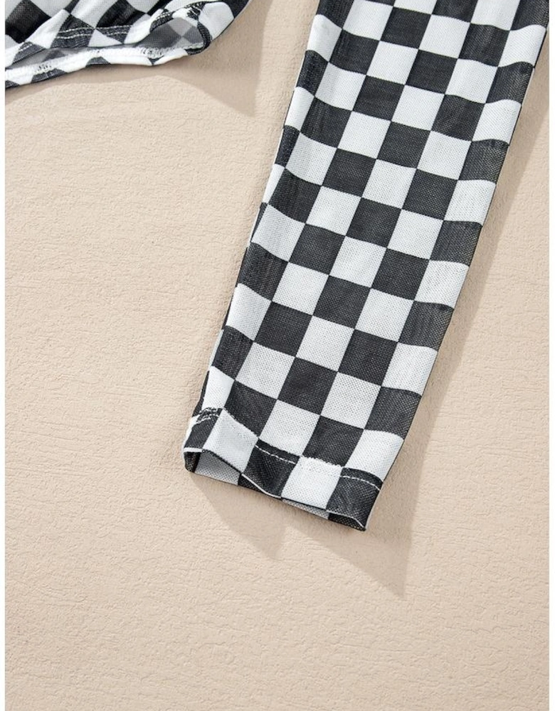 Black Checkered Printed Long Sleeve High Neck Bodysuit