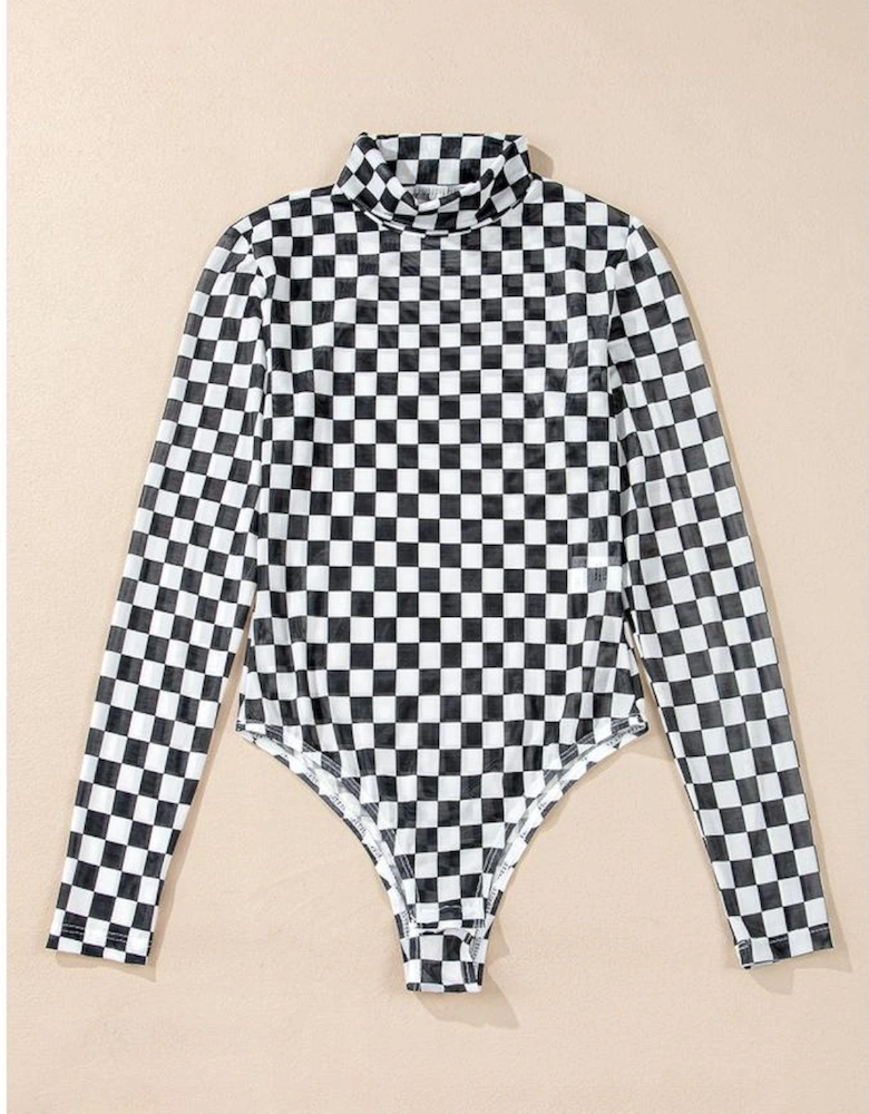 Black Checkered Printed Long Sleeve High Neck Bodysuit