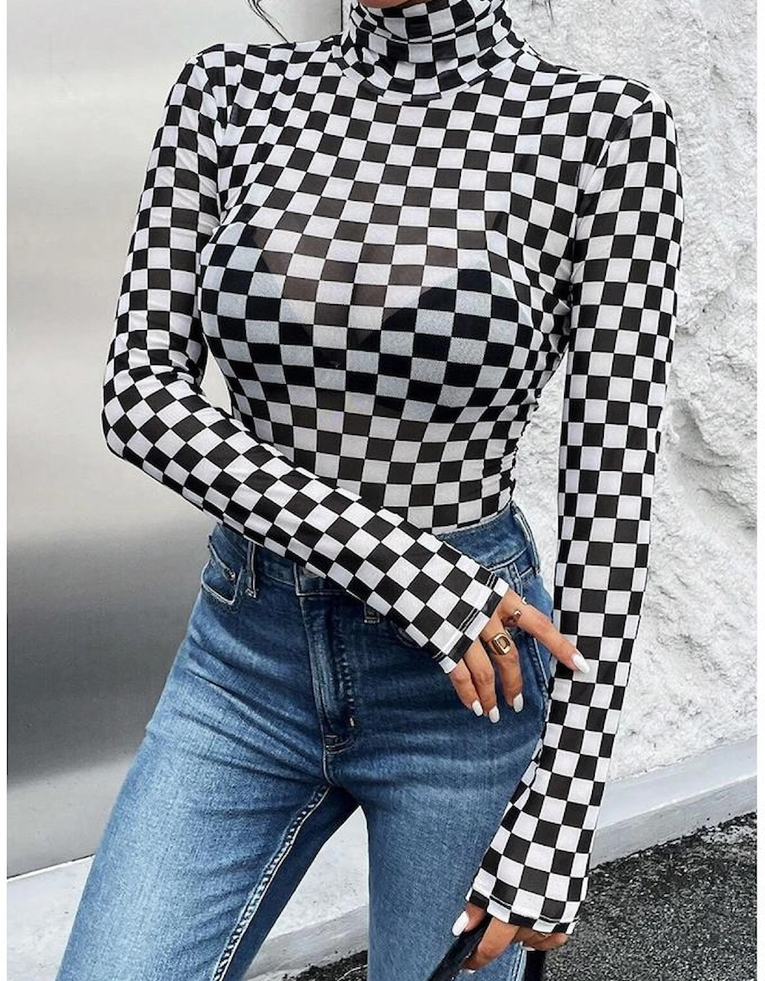 Black Checkered Printed Long Sleeve High Neck Bodysuit