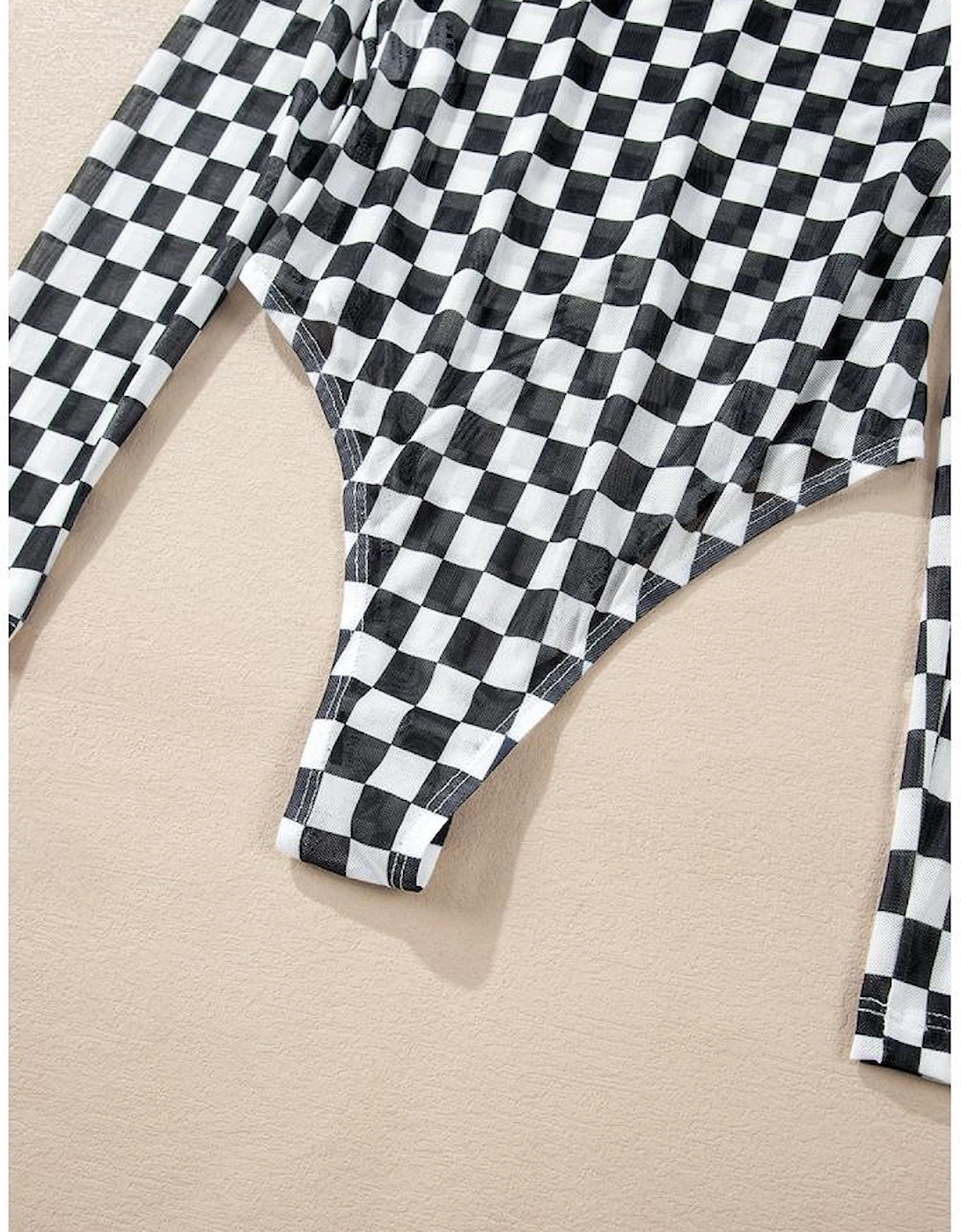 Black Checkered Printed Long Sleeve High Neck Bodysuit