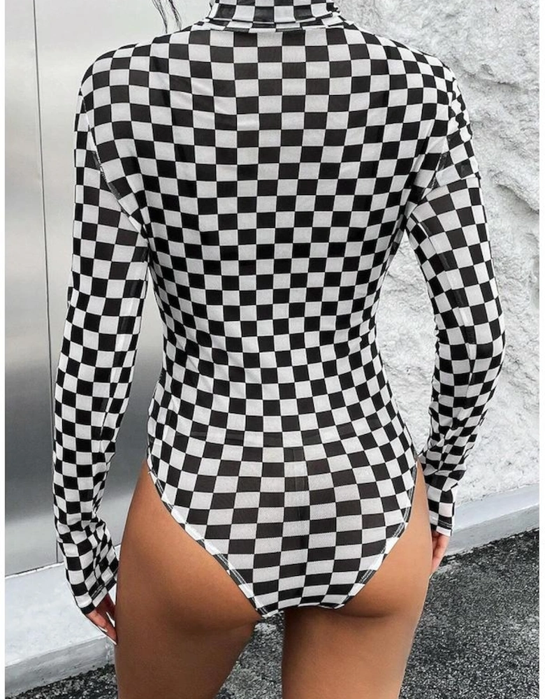 Black Checkered Printed Long Sleeve High Neck Bodysuit