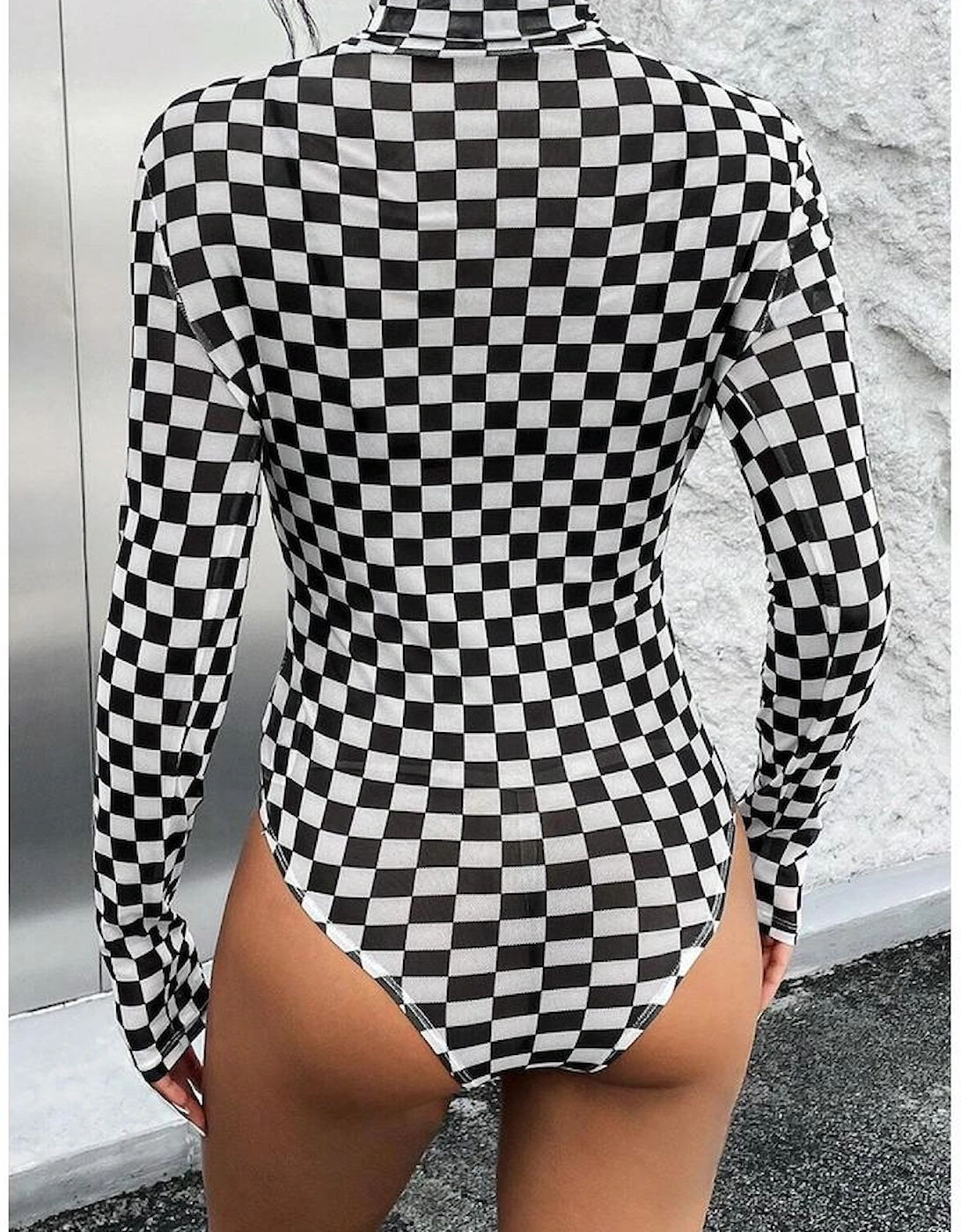 Black Checkered Printed Long Sleeve High Neck Bodysuit