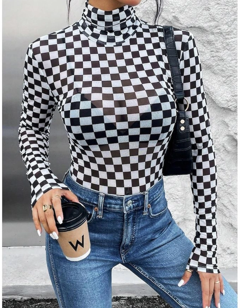 Black Checkered Printed Long Sleeve High Neck Bodysuit