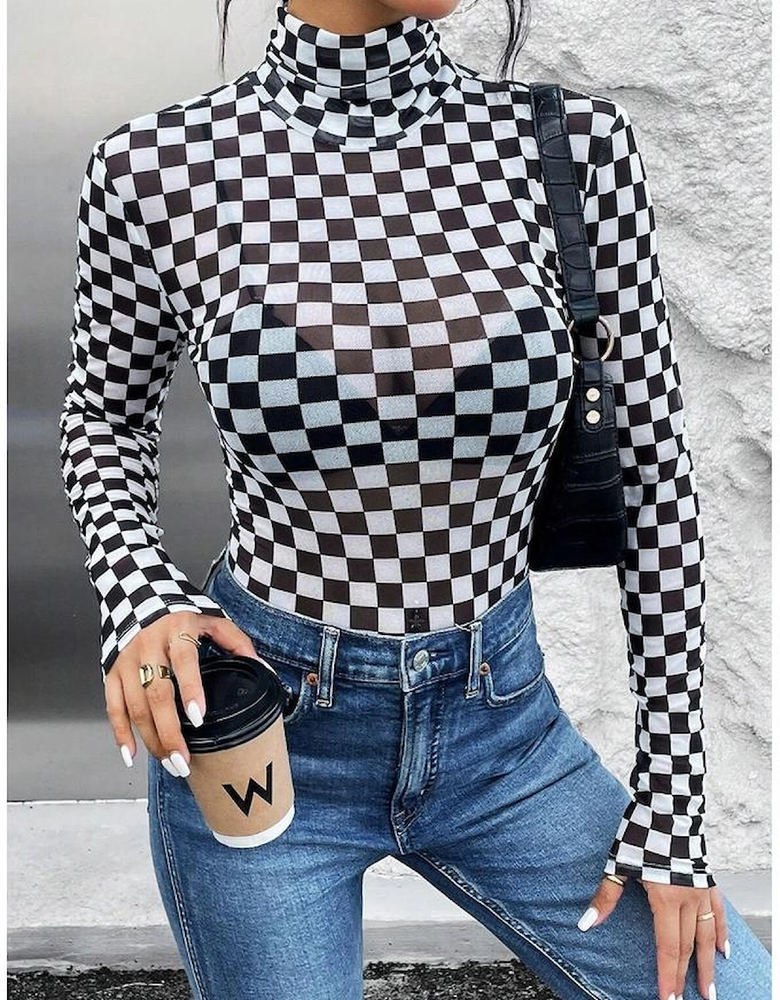Black Checkered Printed Long Sleeve High Neck Bodysuit