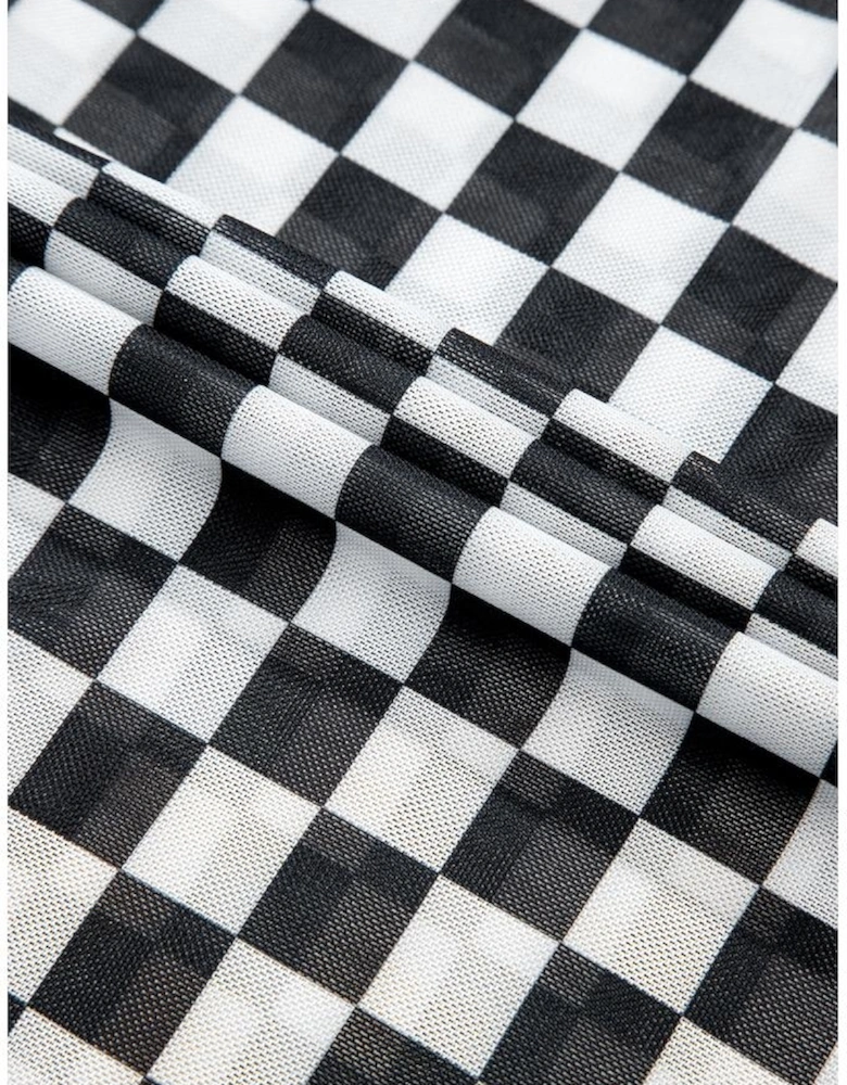 Black Checkered Printed Long Sleeve High Neck Bodysuit