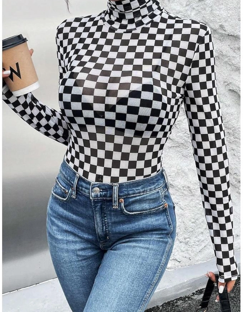 Black Checkered Printed Long Sleeve High Neck Bodysuit
