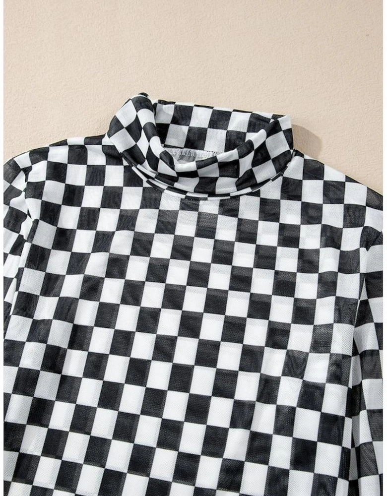 Black Checkered Printed Long Sleeve High Neck Bodysuit