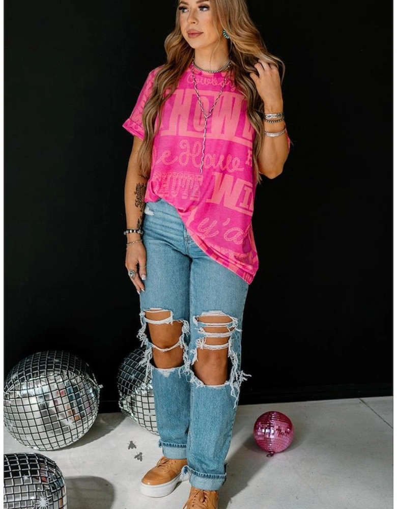 Rose Howdy Cowboy Letter Printed Western Fashion Tee