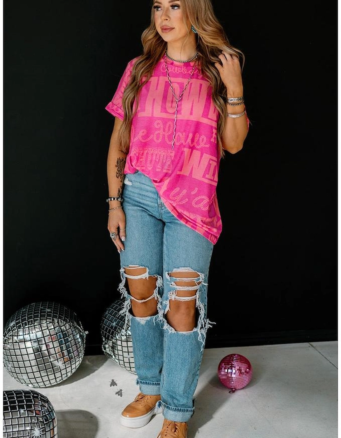 Rose Howdy Cowboy Letter Printed Western Fashion Tee