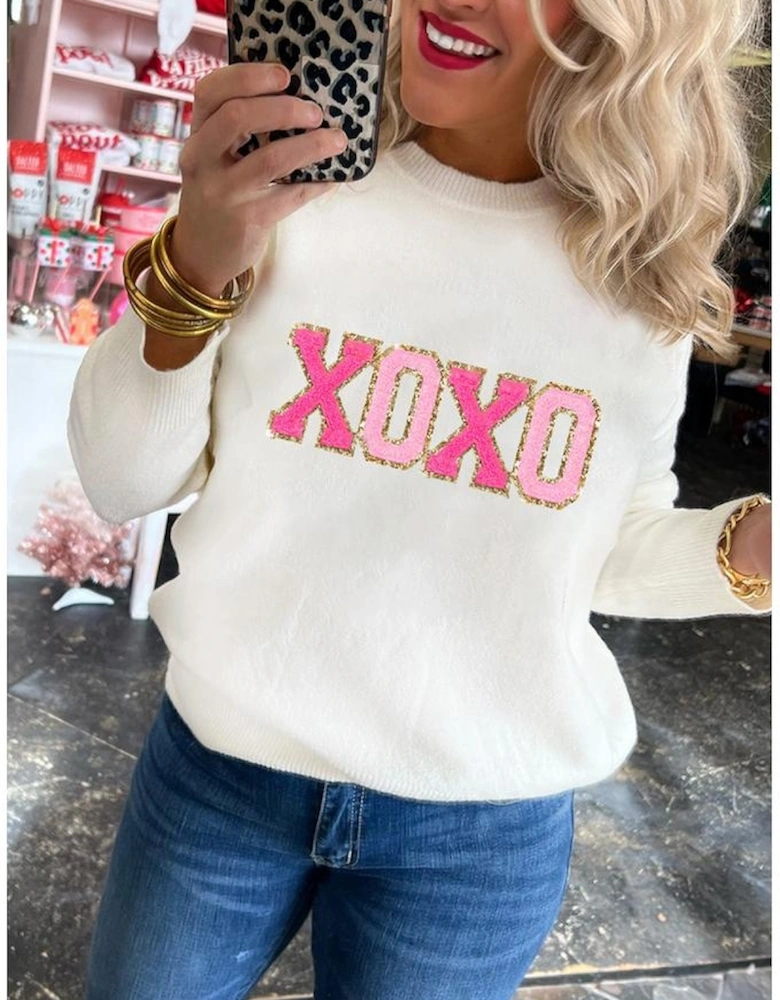 White XOXO Glitter Print Round Neck Casual Sweater