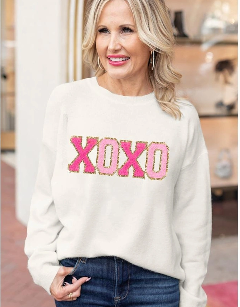 White XOXO Glitter Print Round Neck Casual Sweater