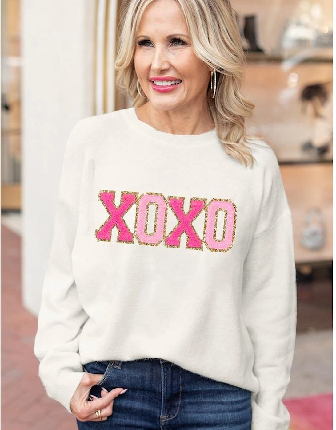 White XOXO Glitter Print Round Neck Casual Sweater