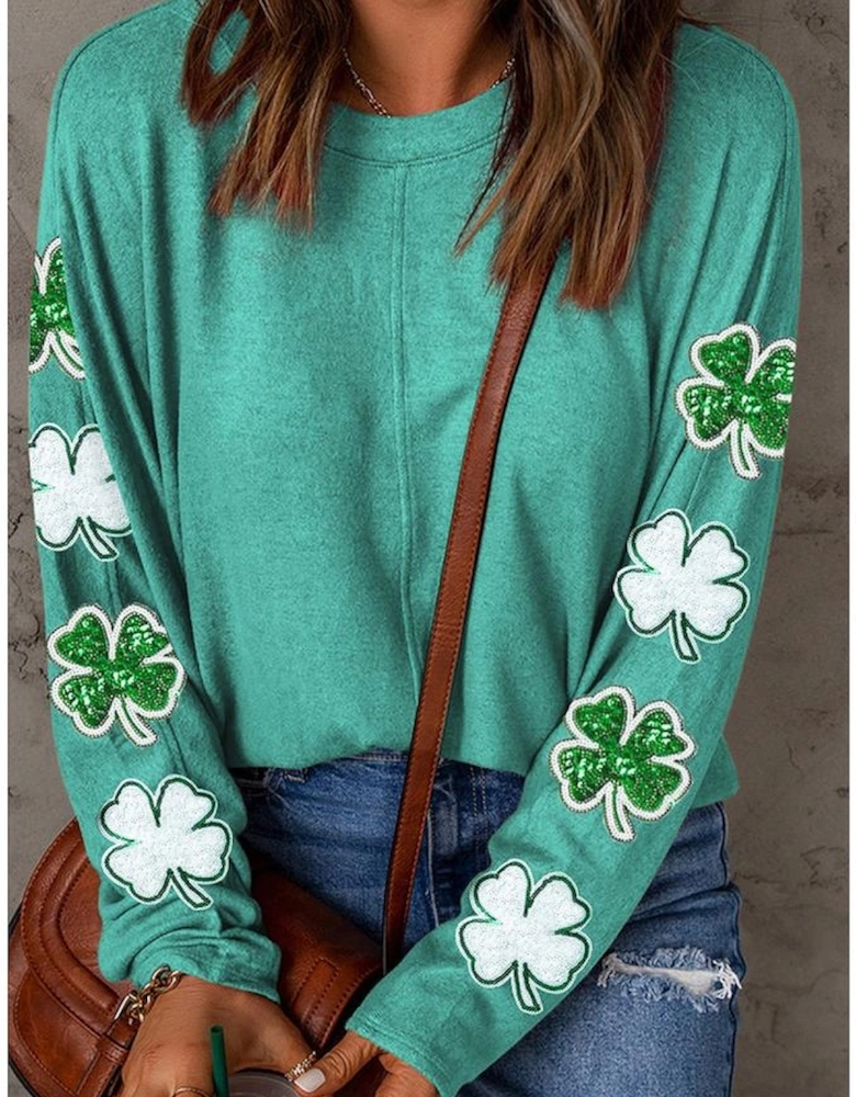 Green Sequined St Patrick Clover Patched Long Sleeve Top