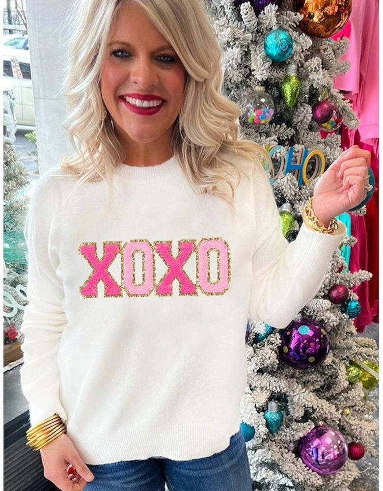 White XOXO Glitter Print Round Neck Casual Sweater