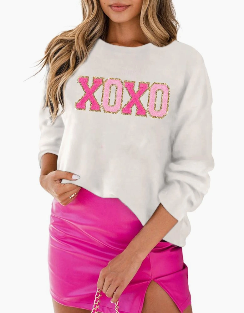 White XOXO Glitter Print Round Neck Casual Sweater