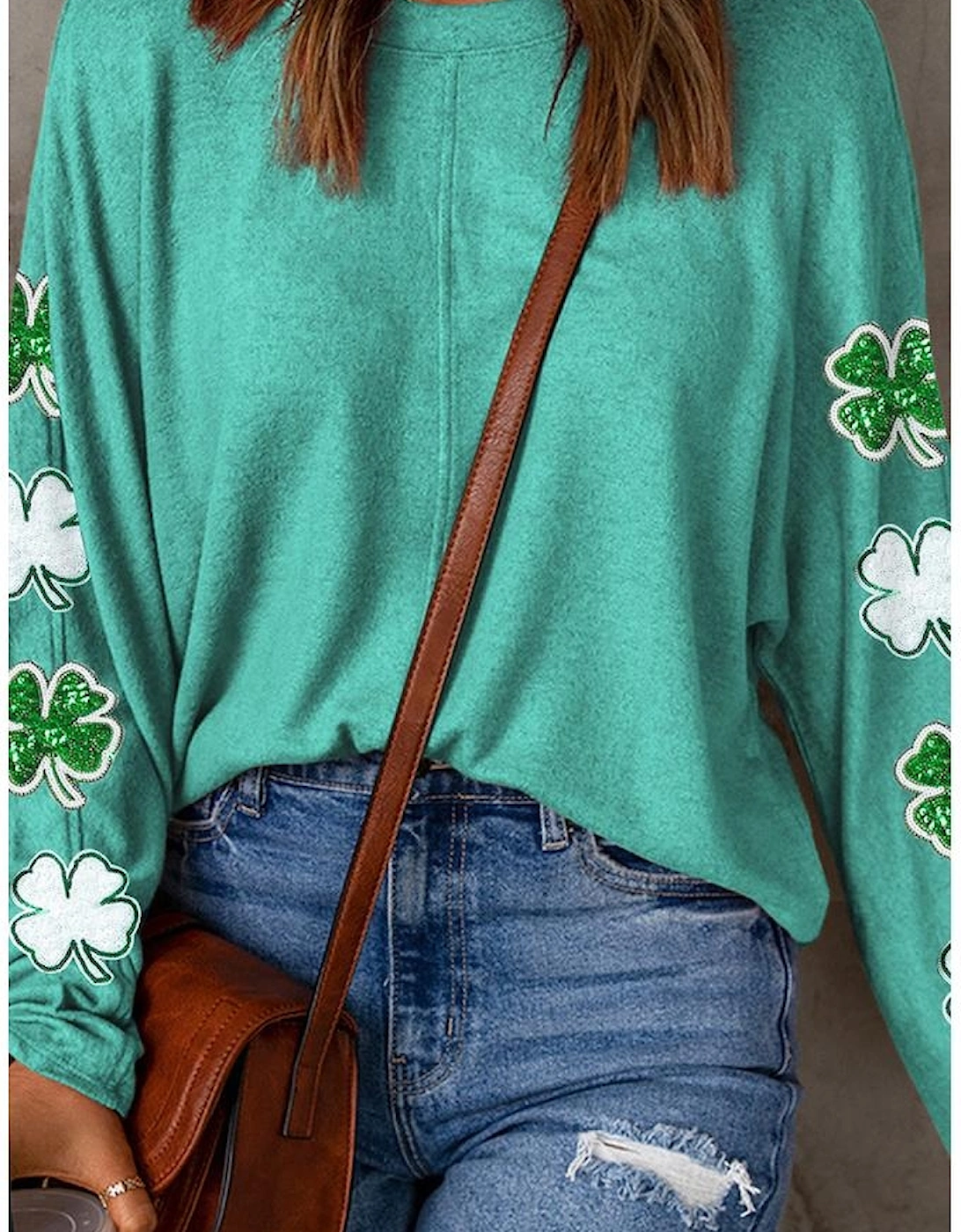 Green Sequined St Patrick Clover Patched Long Sleeve Top