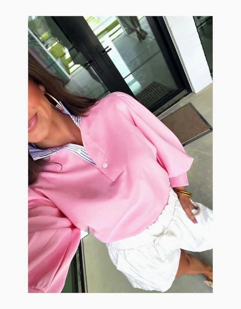 Bonbon Button Striped Collar Patchwork Puff Sleeve Sweatshirt