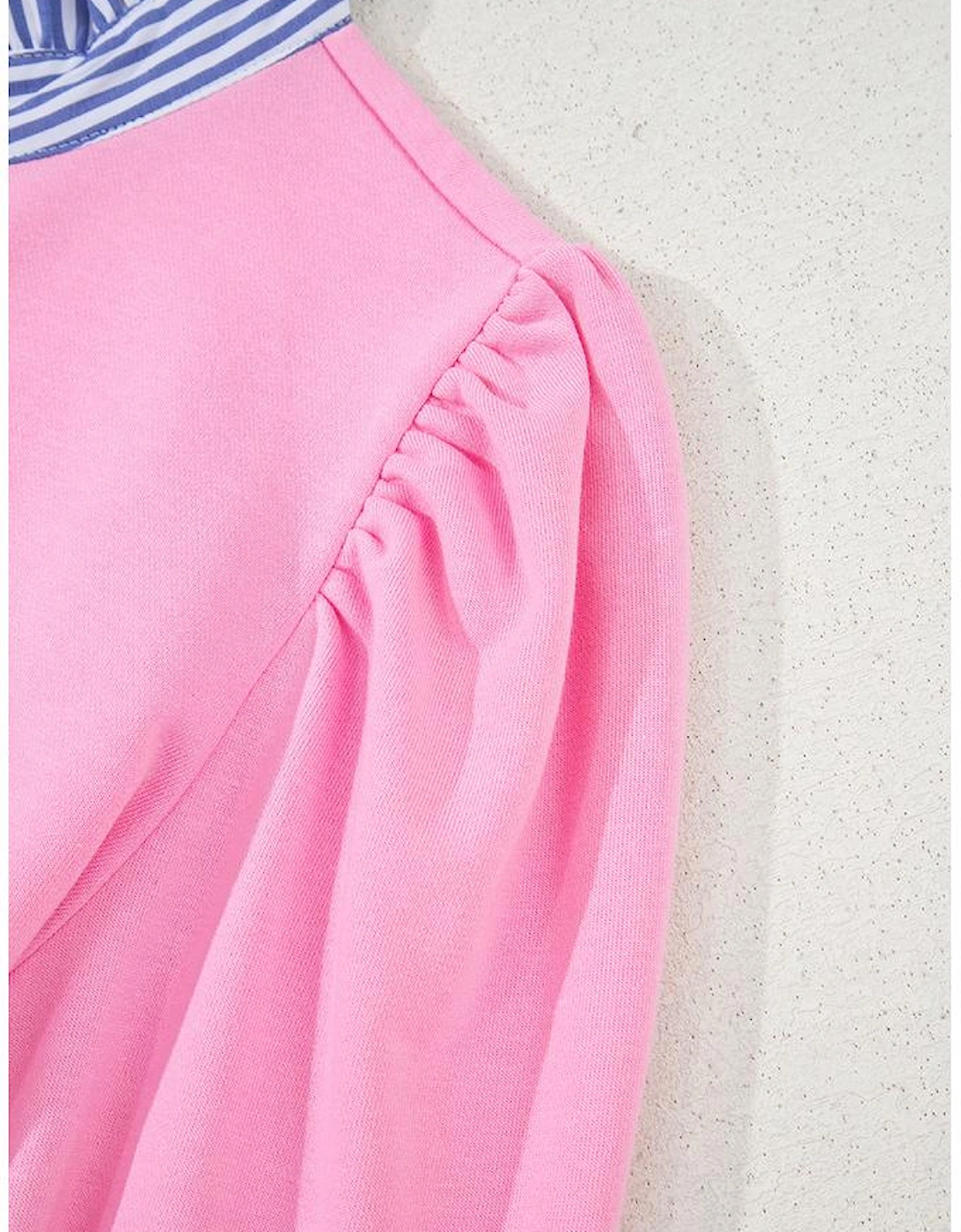 Bonbon Button Striped Collar Patchwork Puff Sleeve Sweatshirt