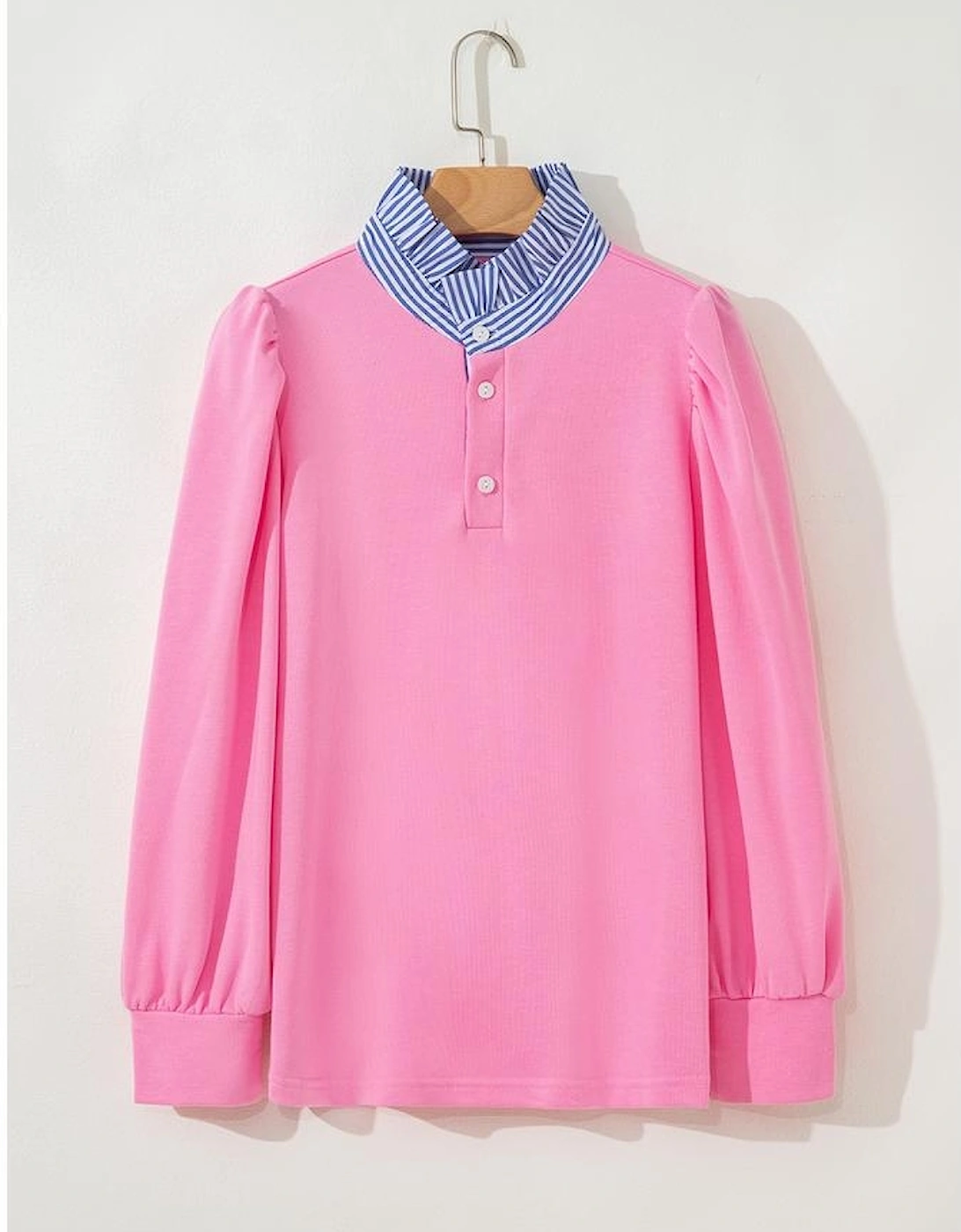 Bonbon Button Striped Collar Patchwork Puff Sleeve Sweatshirt