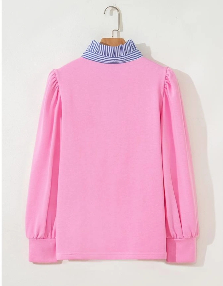 Bonbon Button Striped Collar Patchwork Puff Sleeve Sweatshirt