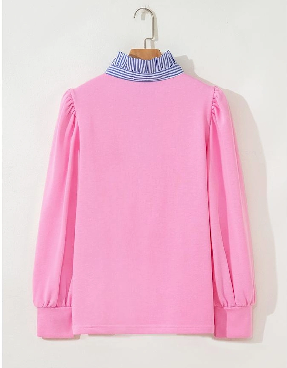 Bonbon Button Striped Collar Patchwork Puff Sleeve Sweatshirt