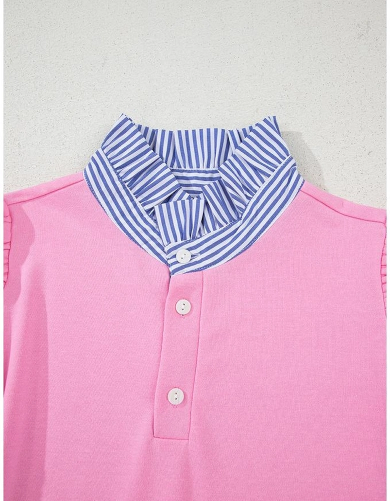 Bonbon Button Striped Collar Patchwork Puff Sleeve Sweatshirt