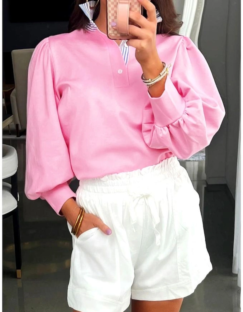 Bonbon Button Striped Collar Patchwork Puff Sleeve Sweatshirt