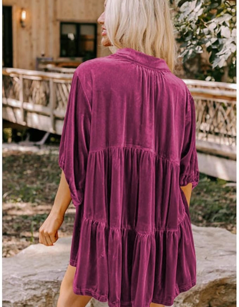 Azura Exchange Pitaya Pink 3/4 Sleeve Tunic Babydoll Velvet Shirt