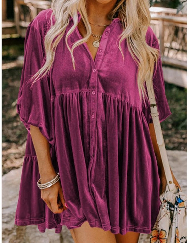 Azura Exchange Pitaya Pink 3/4 Sleeve Tunic Babydoll Velvet Shirt