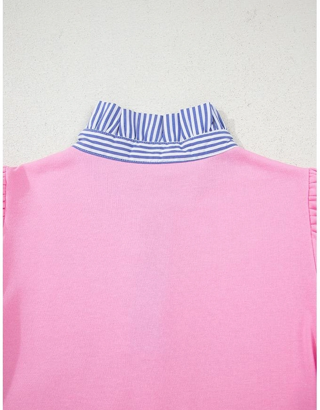 Bonbon Button Striped Collar Patchwork Puff Sleeve Sweatshirt