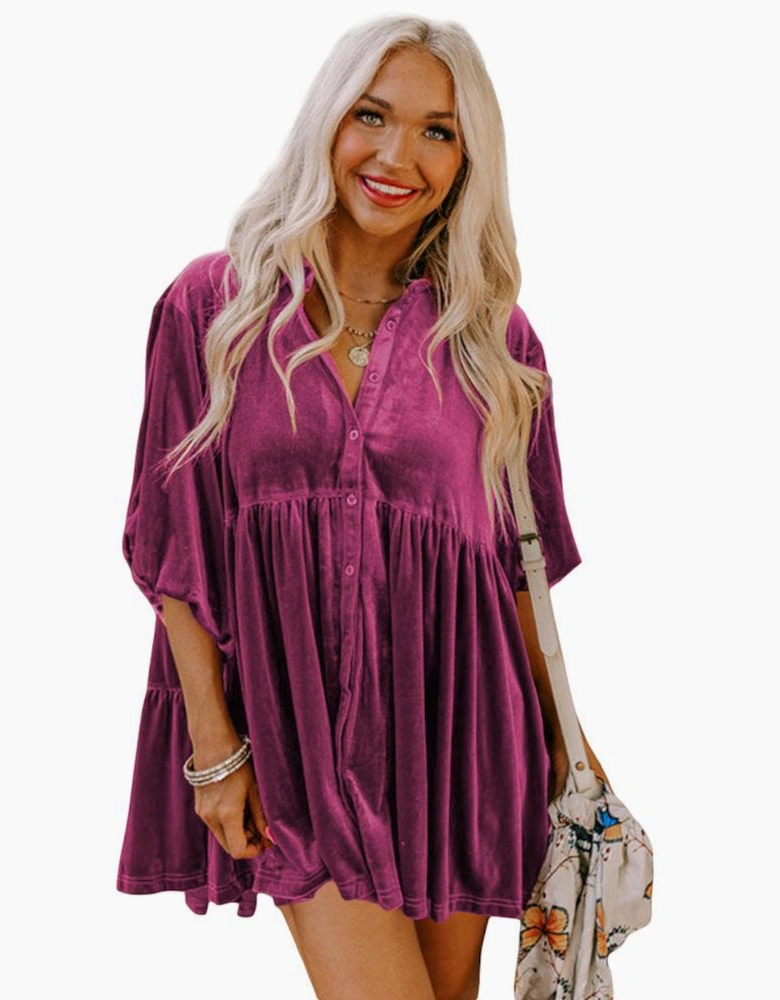 Azura Exchange Pitaya Pink 3/4 Sleeve Tunic Babydoll Velvet Shirt