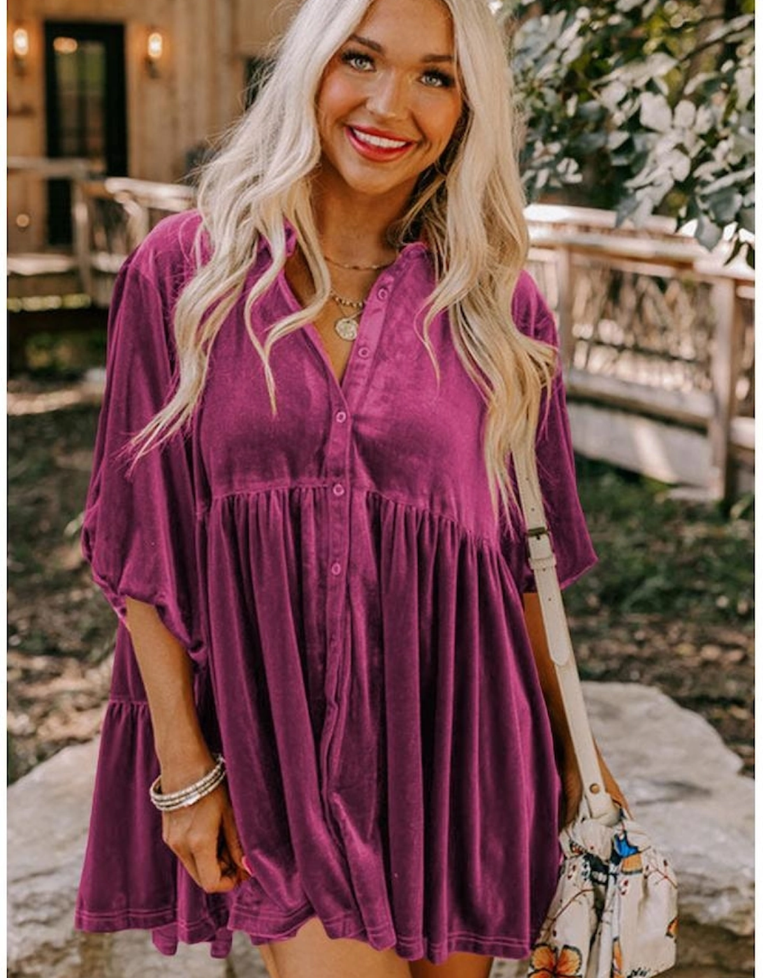 Azura Exchange Pitaya Pink 3/4 Sleeve Tunic Babydoll Velvet Shirt