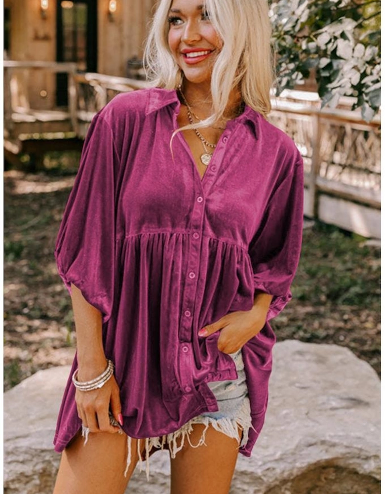 Azura Exchange Pitaya Pink 3/4 Sleeve Tunic Babydoll Velvet Shirt