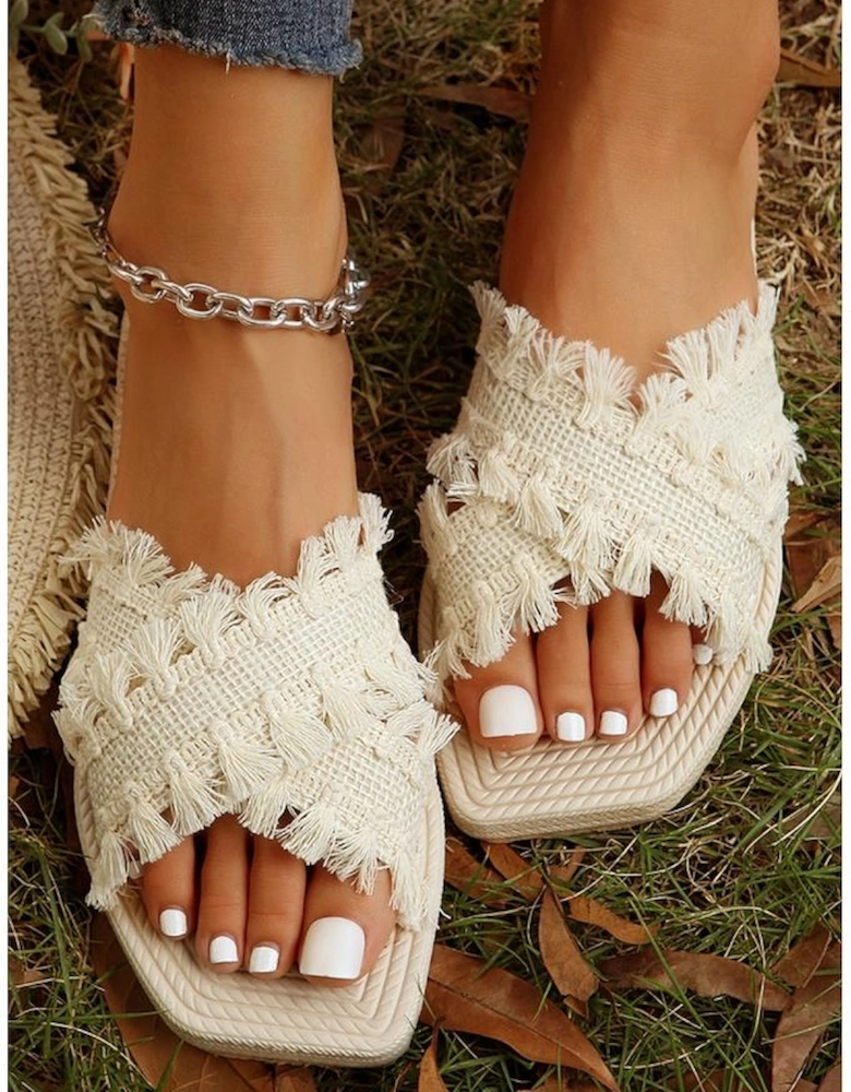 Azura Exchange Beige Tassel Woven Crossed Straps Flat Slippers