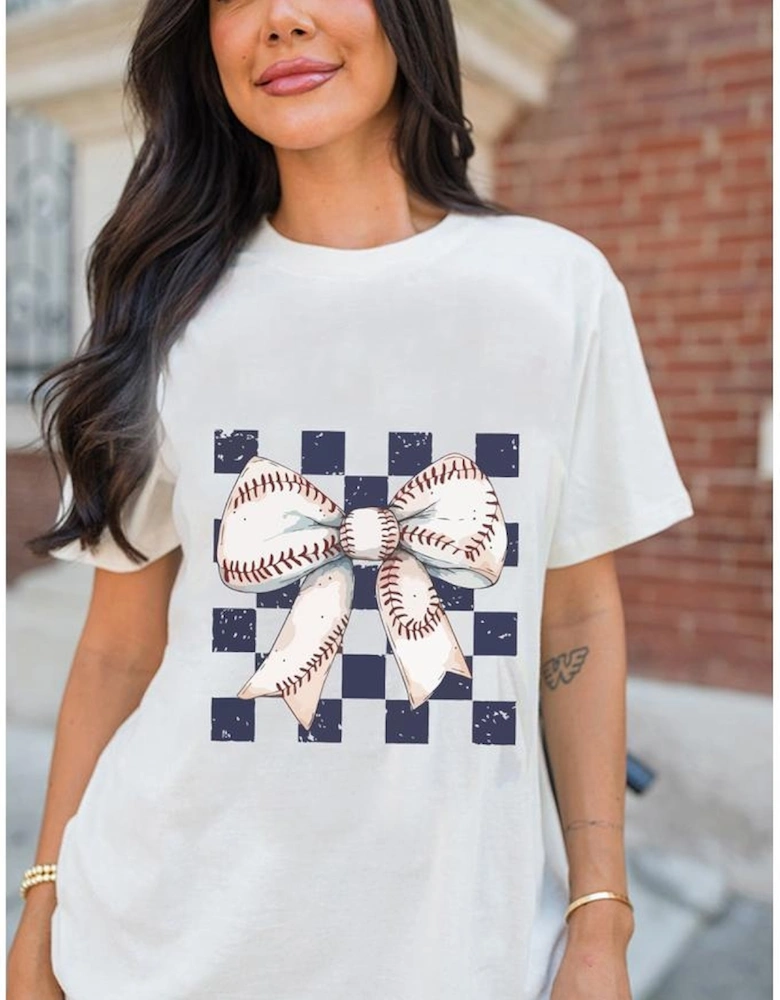 White Checkered Rugby Bowknot Graphic Crew T Shirt